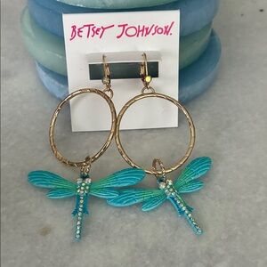 Betsey Johnson Gold Hoops with Turquoise Dragonfly Charms